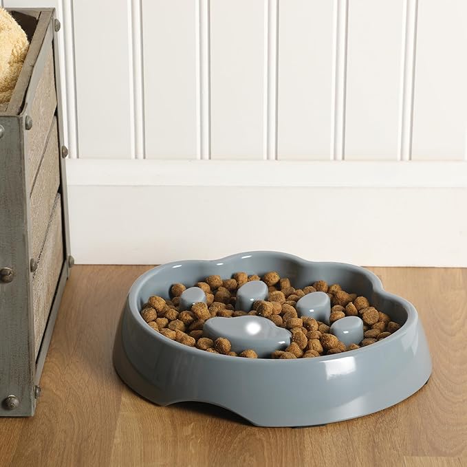 Gibson Home Curious Canines 9” Slow Feeder Dog Bowl, Paw Shaped Melamine Anti-Gulp Pet Bowl, Non-Slip, Dishwasher Safe, Blue