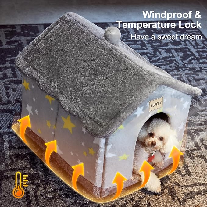 JIUPETY Cute Cat Beds for Indoor Cats, Foldable Cat House with Non-Slip Bottom, S Size Kitten Bed for 0-6 Lb Dogs and 0-8 Lb Cats, Grey