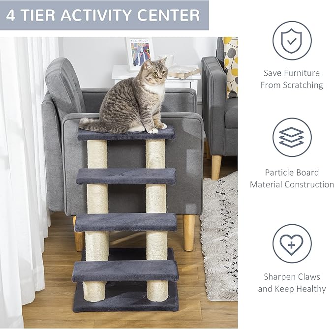 4 Levels Pet Stairs for High Beds Couch, Cute Stair Shaped Cat Tree for Indoor Cats or Dogs with Scratching Post, Hanging Play Ball, Gray