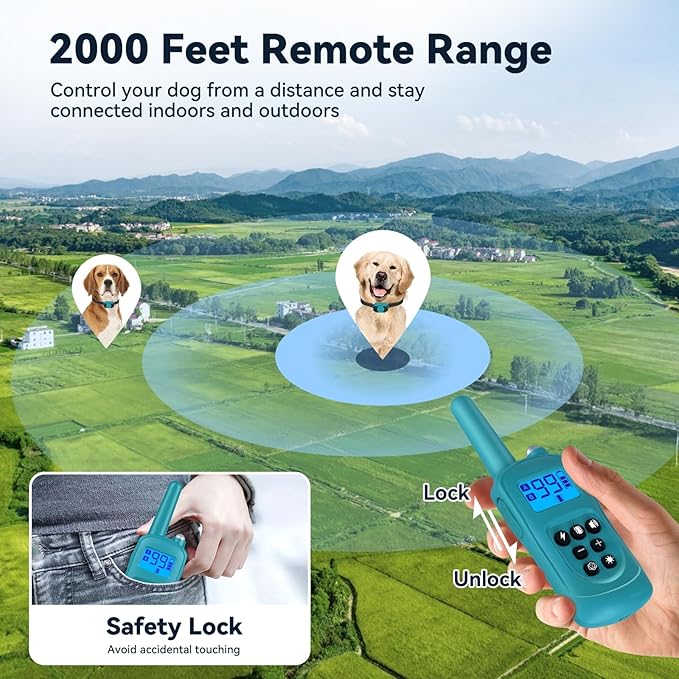Shock Collar for Small Dogs，Tiniest and Lightest Dog Training Collar with 2000ft Remote，Tailored Small Dog Shock Collar 5-15 Pounds，Beep，Vibration and Safe Shock，0-99-Level Precise Adjustment，Cyan