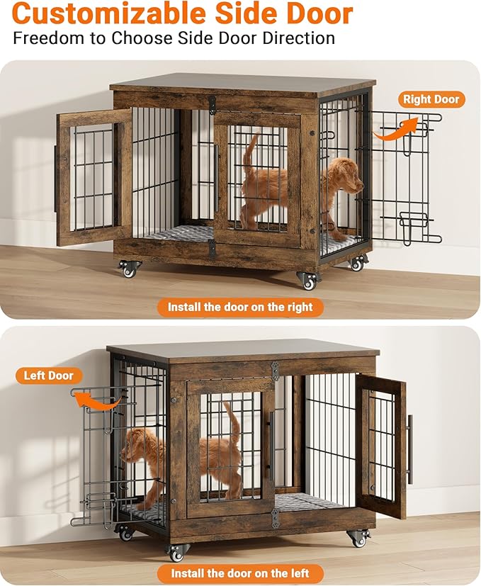 Dog Crate Furniture with Cushion Set of 2, Wooden Dog Kennel Indoor with Double Doors, Dog Cage with Wheels, Dog House Side End Table for Small Dogs up to 30 lb, 27.2" L, Rustic Brown
