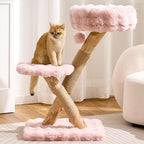 HITTITE Natural Solid Wood Cat Tree Tower with Scratching Post, 32 Inches Tall Modern Cat Tower with Cozy Bed and Platforms, Luxury Real Branch Cat Tree for Indoor Cats Large Adult, Pink.