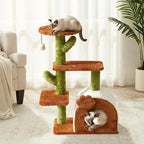 Cactus Cat Tree for Indoor Cats, 27.5'' Small Cat Tower with Cozy Condo, Wide Top Perch Multi-Level Climbing and Lounging Space, Brown