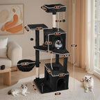 54 Inch Multi-Level Cat Tree Tower with Hammock, Condos & Scratching Posts, Large Cat Furniture for Indoor Cats with Pompoms, Black