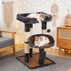 Multi-Level Cat Tree for Indoor Cats, Modern Cat Tower with Double Beds & Scratching Posts, 27 in Cute Cat Tree for Large Cats and Kitten, Small Cat Climbing Tower with Hanging Toys, Grey