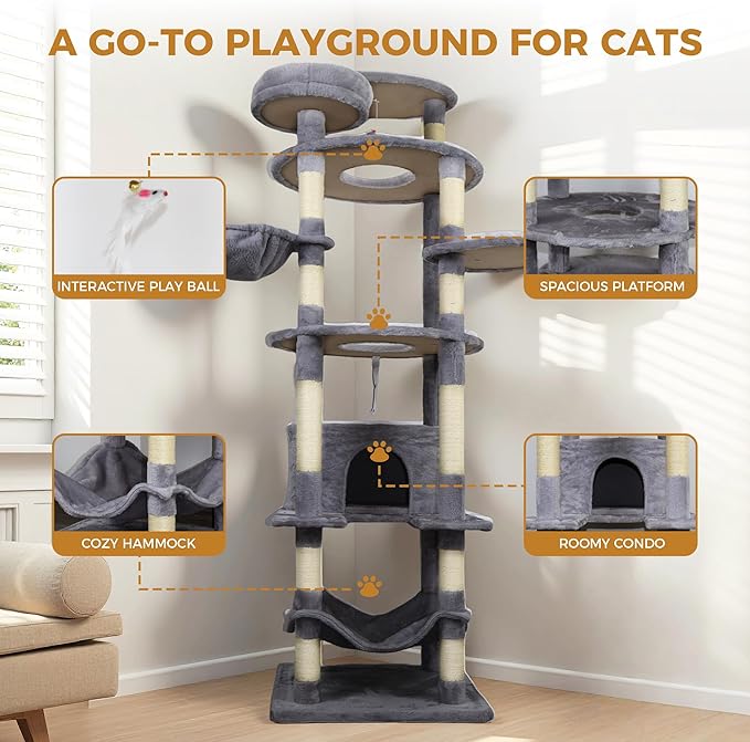 84.6 Inch Tall Cat Tree Tower with Large Base - 3 Condos, 11 Sisal Posts, 2 Hammocks & Interactive Toys, Multi-Level Cat Furniture for Multiple Cats, Durable Cat Climber (Dark Gray, 78.8 in)