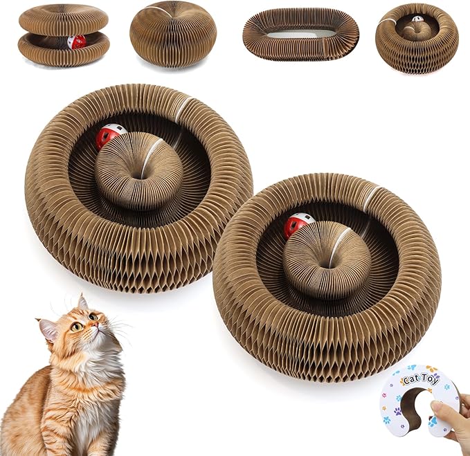 2Pcs Magic Organ Cat Scratcher Cardboard, Foldable Scratching Board, Interactive Cat Toy with Bell Ball, Corrugated Cardboard Scratch Pad for Indoor Cats, Round