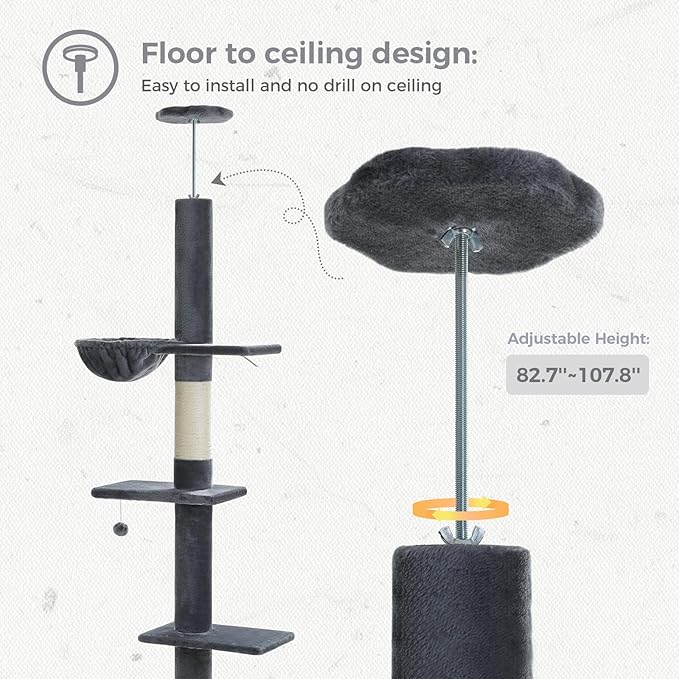 PETEPELA Floor to Ceiling Cat Tree, Cat Tower 5 Tiers Tall (83-108 Inches) Adjustable Height, Cat Climbing Tree Featuring with Condo, Scratching Post and Perches for Indoor Cats, Daek Grey