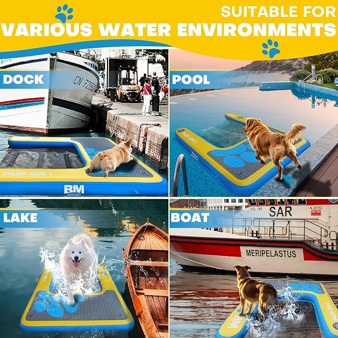 Beyond Marina Dog Pool Ramp - Inflatable Dog Water & Boat Ramp for Lake, Floating Pontoon Dock Ladder with Non-Slip EVA, PUP ON Standard, Extra Large 47" x 39" x 6", Blue/Yellow, Supports 200 lbs
