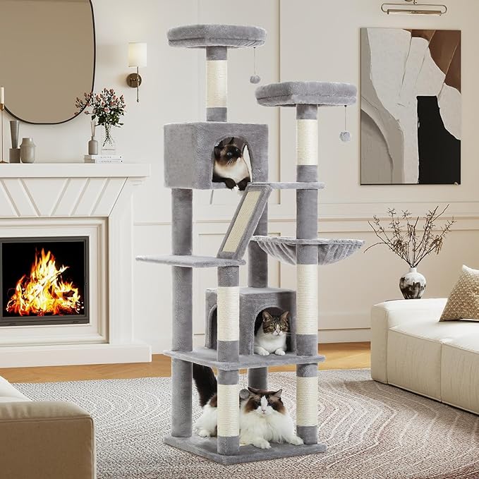 PEQULTI 71'' Cat Tree for Indoor Cats with Big Hammock, Tall Cat Tower for Large Cats with 2 Cat Condo, 2 Soft Top Perch, Scratching Posts and Pad, Grey