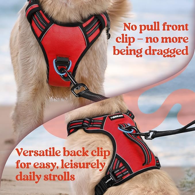 rabbitgoo Dog Harness for Large Dogs, No Pull Pet Harness with Soft Padded Handle, Adjustable Reflective Vest with 3 Buckles, Easy Walking Harness with 2 Leash Clips, Red, L