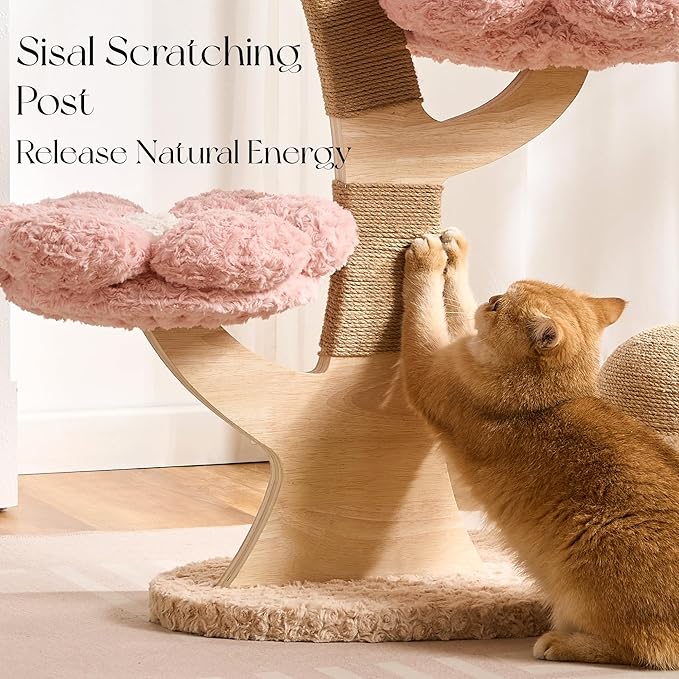 797Audio Flower Cat Tree, 37" Wood Branch Cat Tower, Pink Cloud Cat Tree with Scratching Post for Indoor Adult Cats, Luxury Cat Tree with Mushroom Cat Scratcher & Interactive Squeaky Toy