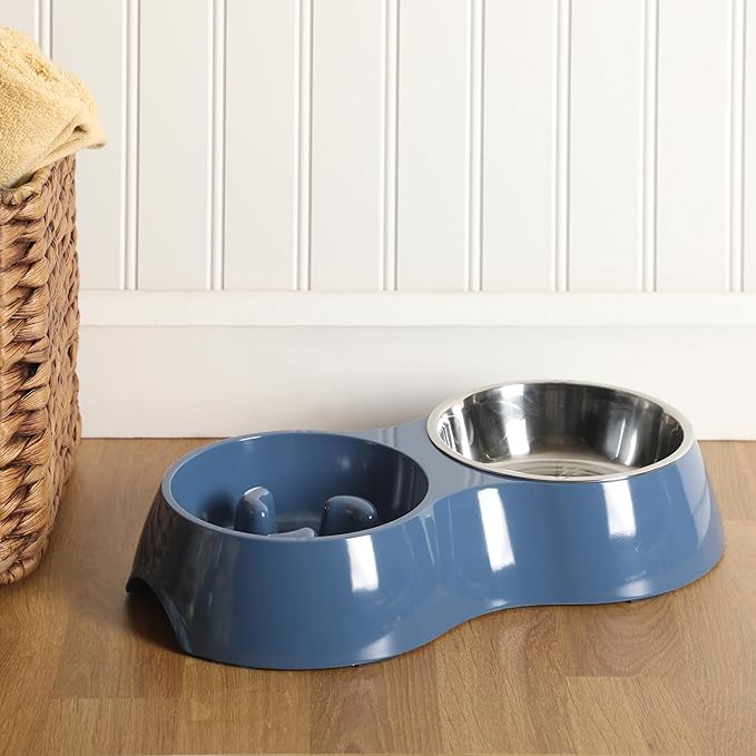 Gibson Home Curious Canines Slow Feeder Dog Bowl Set, Double Bowl with Stainless Steel Insert, Melamine Base, Anti-Gulp Feeding, Food & Water Station, Dishwasher Safe, Blue