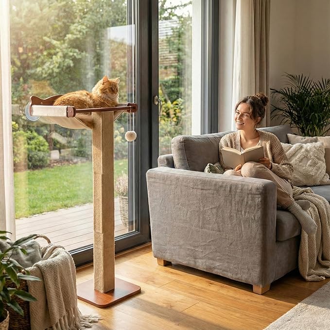 Sintuff Cat Window Perch with Scratching Post Climbing Tree Hammock Mounted with Suction Cups 46 Inch Tall Adjustable Narrow Cat Tree Climbing Pole for Playing Sleeping Watching Birds(Square)
