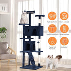Heavy Duty 70 Inch Cat Tree - Tall Tower with 3 Perches, 2 Condos, Ladders, Sisal Pole & Scratching Posts - Blue