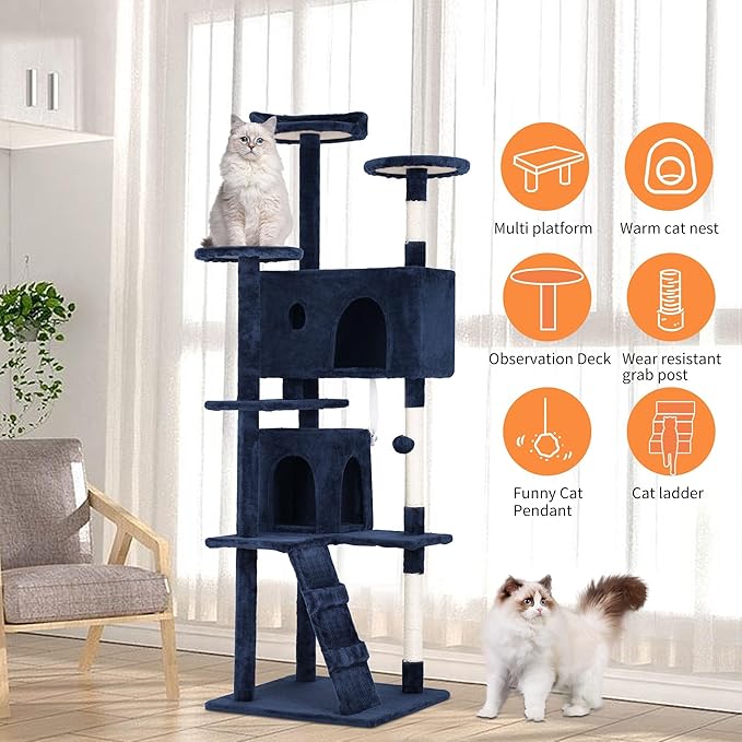 Heavy Duty 70 Inch Cat Tree - Tall Tower with 3 Perches, 2 Condos, Ladders, Sisal Pole & Scratching Posts - Blue