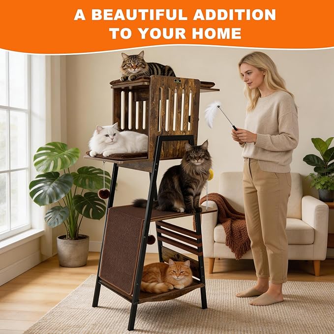 57 Inch Multi-Level Modern Cat Tree Tower with Hammock & Scratching Ramp - Wooden Heavy-Duty Cat Tower for Large Cats & Multi-Cat Households, Easy to Clean (Brown)