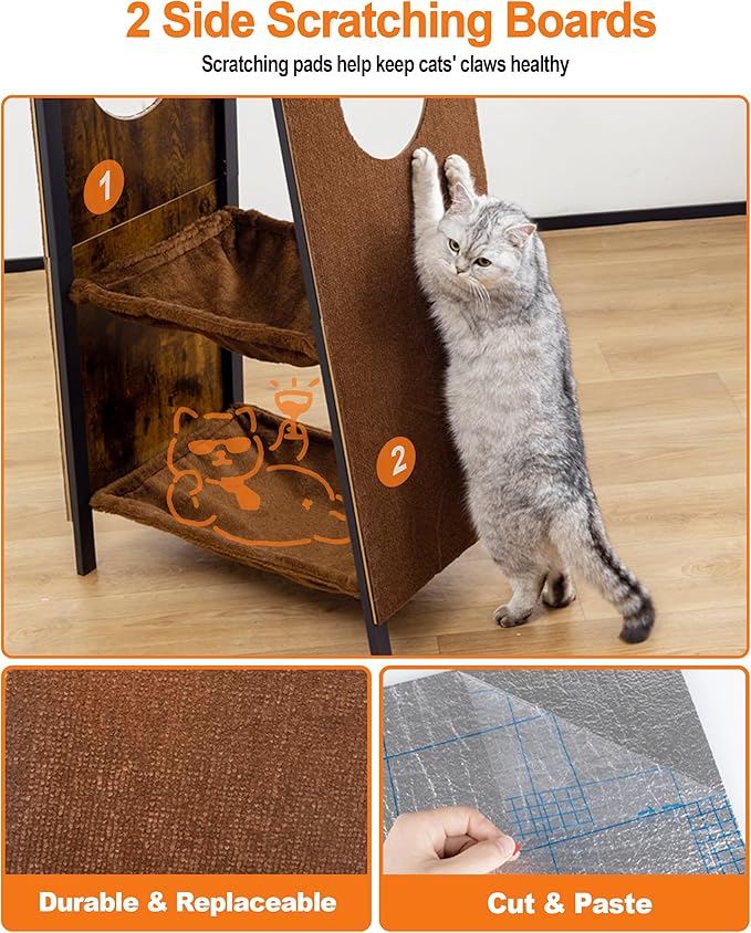Modern Wood Cat Tree for Indoor Large Cats, 56 Inch Tall Cat Tower with Perch Bed, Multi-Level Trees with 2 Hammock, Cat Condo, Scratching Board, Removable Pads, Cat Furniture, Rustic Brown