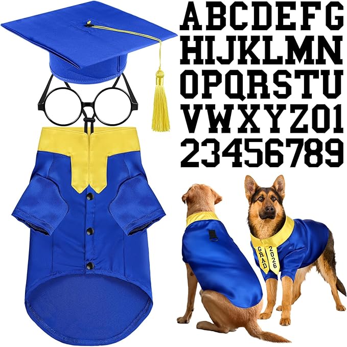 5 Pcs Dog Graduation Costume Set Include 2026 Pet Graduation Gown with Stole Puppy Grad Cap Lensless Glasses DIY Letter Stickers for Dogs Cats Holiday Costume Accessory(Blue Yellow,XXL)