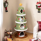 PETSITE 61 Inches Cat Christmas Tree, Cute Christmas Cat Tower with 4 Condos, Colorful Ornaments, Sisal Board, Dangling Ball, Spring Toy, and Star-Shaped Spring-Type Top, Ideal for Indoor Cats