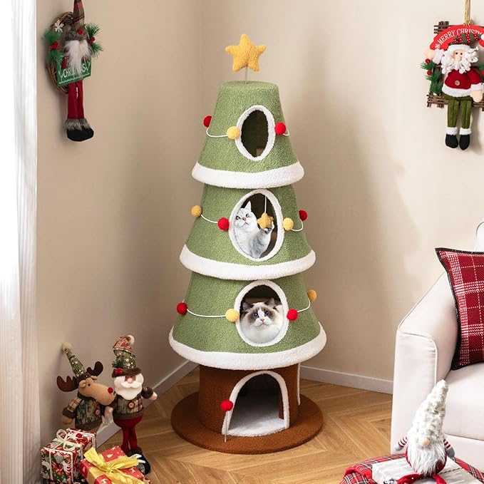 PETSITE 61 Inches Cat Christmas Tree, Cute Christmas Cat Tower with 4 Condos, Colorful Ornaments, Sisal Board, Dangling Ball, Spring Toy, and Star-Shaped Spring-Type Top, Ideal for Indoor Cats