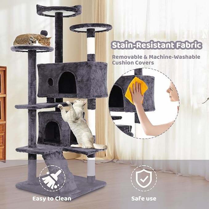 54" Cat Tree for Indoor Cat, Multi-Level Pet House w/Cat Perch, Scratch Post, Plush Toy, Perfect Pet Gift, Light Gray