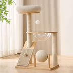 HITTITE Solid Wood Cat Tree Tower with Scratching Post, 37.8 Inches Tall Cat Towers with Scratching Board and Scratcher Ball, Modern Cat Tower With Space Capsule and Removable Top Bed for Indoor Cats.