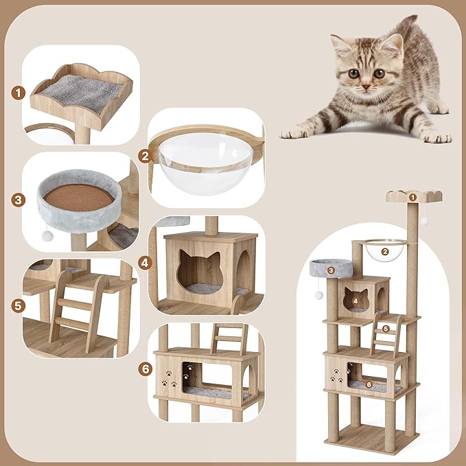 Wood Cat Tree for Indoor Cats, 72" Tall Cat Tower for Large Cat with Scratching Post Condos Perches and Capsule Nest Modern (Beige)
