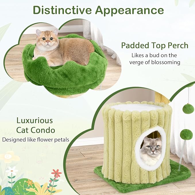 PETSITE 21.5-inch Cute Cat Tree, Small Cat Tree with Sisal Scratching Post, Cat Condo, Padded Top Perch, Interactive Spring and Dangling Ball, Ideal for Small Indoor Cats and Kittens, Green