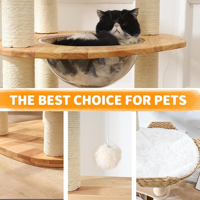 Cat Tree for Indoor Cats, 61'' Multi-Level Solid Wood Cat Tower for Large Adult Cats, Heavy Duty Modern Cat Tree with 9 Sisal Rope Posts, 3 Spacious Perches & Cozy Basket, Stable and Easy to Assemble
