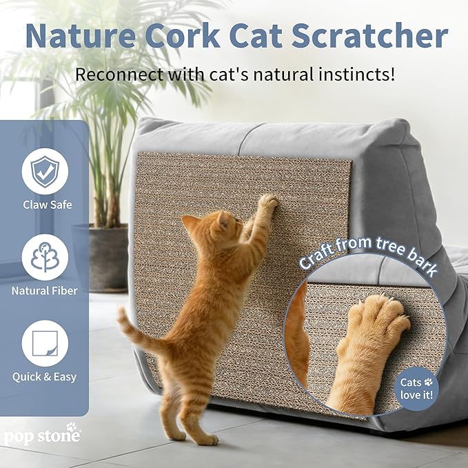 Natural Cork Cat Scratcher Mat, Self-Stick & Trimmable Furniture Protector for Couch, Door, Wall & Bed Corner, Claw-Friendly for Indoor Cats (Smoke Gray, 39.4 x 11.8 Inch)