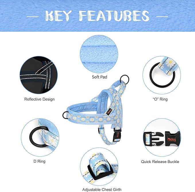 Didog No Pull Dog Harness with Soft Padded, Easy Walk Dog Harness with Quick Release Buckle, Adjustable & Reflective Pet Harness with Soft Padded for Small Medium Dogs (S:Chest 19-22", Blue)