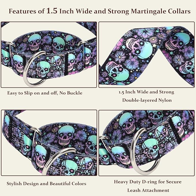1.5 inch Skulls Martingale Collar for Dogs, Wide,Big&Thick Dog Collar，Heavy-Duty Training Collar for Medium Large Extra Large Dogs- Skulls L