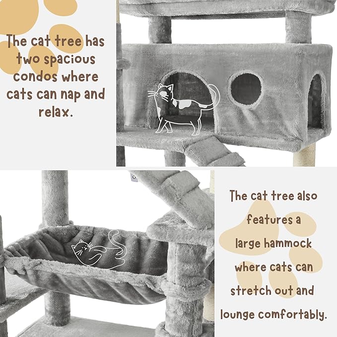 80 Inch Cat Tree, Large Cat Tower with 9 Scratching Posts, 2 Perches, 2 Caves, 2 Basket, 2 Stairs, Extra Large Hammock, Multi-Level Plush Cat Condo for Indoor Cats/Light Grey