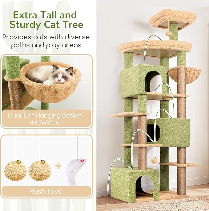 Globlazer Extra Large Catus Cat Tree Tower for Indoor Cats Large Adult, 80in Tall Heavy Duty Cat Tree with 3 Spacious Cat Condos, Oversized Fan-Shaped Perch, 6 Sisal Scratching Posts, S80, Green