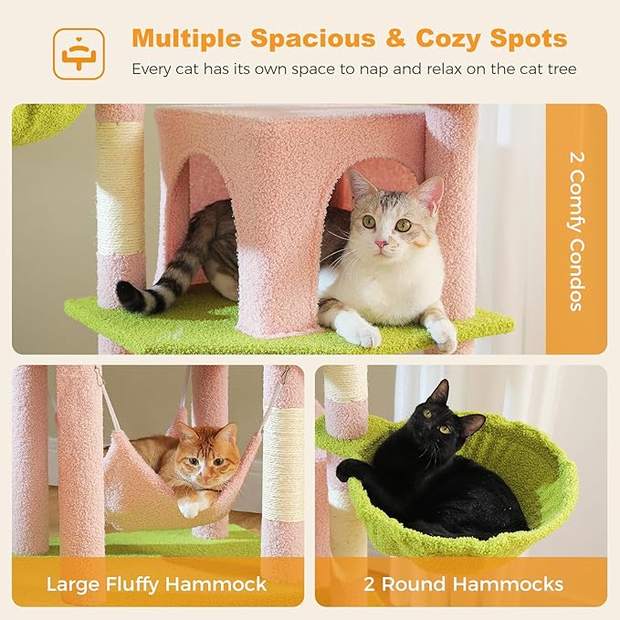 Flower Cat Tree for Large Indoor Cats, 71.2-Inch Tall Multi-Level Cat Tower with Scratching Posts, 3 Soft Hammocks, 2 Large Condos, Super Big Perch & Pompoms for Multi-Cat Households, Pink