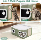 Cat Beds for Indoor Cats, Extra Wide Cat Cube House for Multi Cats, Foldable Cat Cave Hideaway with Arc-Edge Design & Oval Door, Double-Side Soft Cushion for All Seasons, 24"L x 17.7"D x 12.6"H, Green