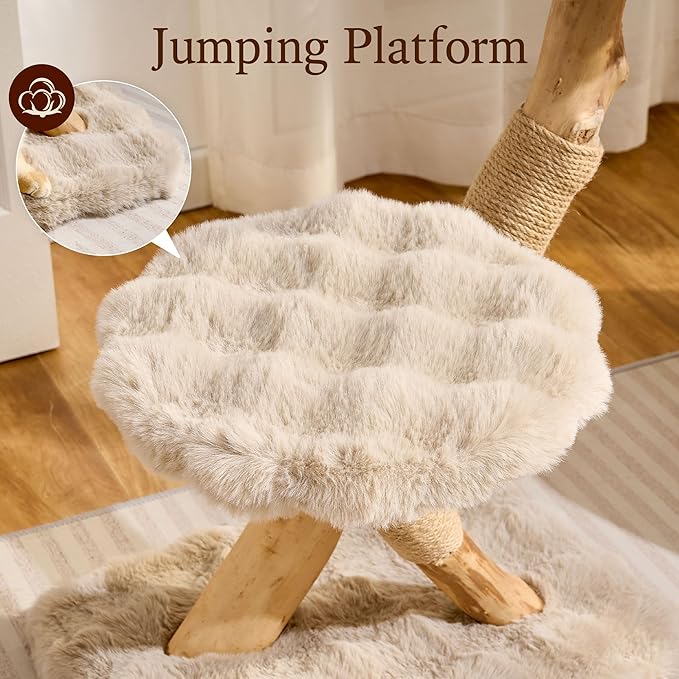 HITTITE Natural Solid Wood Cat Tree Tower with Scratching Post, 32 Inches Tall Modern Cat Tower with Cozy Bed and Platforms, Luxury Real Branch Cat Tree for Indoor Cats Large Adult, Khaki.