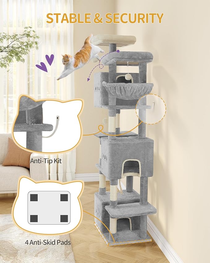 76" Cat Tree, Large Cat Tower for Indoor Cats, Multi-Level Cats House Furniture with 2 Platforms, 3 Condos, 7 Scratching Posts, 1 Basket, 3 Caves, Pompoms, Light Grey MS19218LG