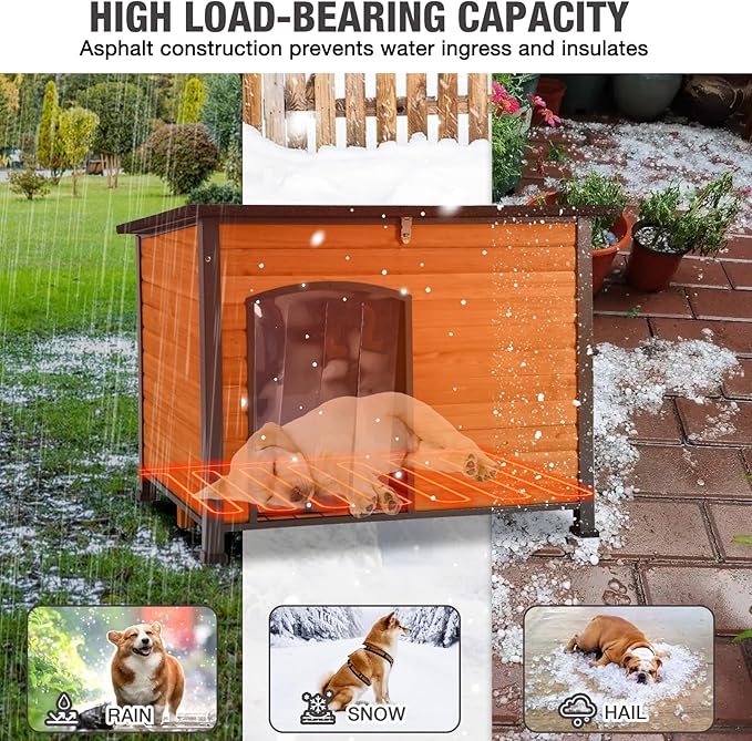 43.3'' Large Heated Outdoor Dog House Weatherproof with Anti-bite Metal Frame, Insulated Dog Kennel with Heating Pad for Outside, Dog Shelter for Small to Large Dogs (Brown)