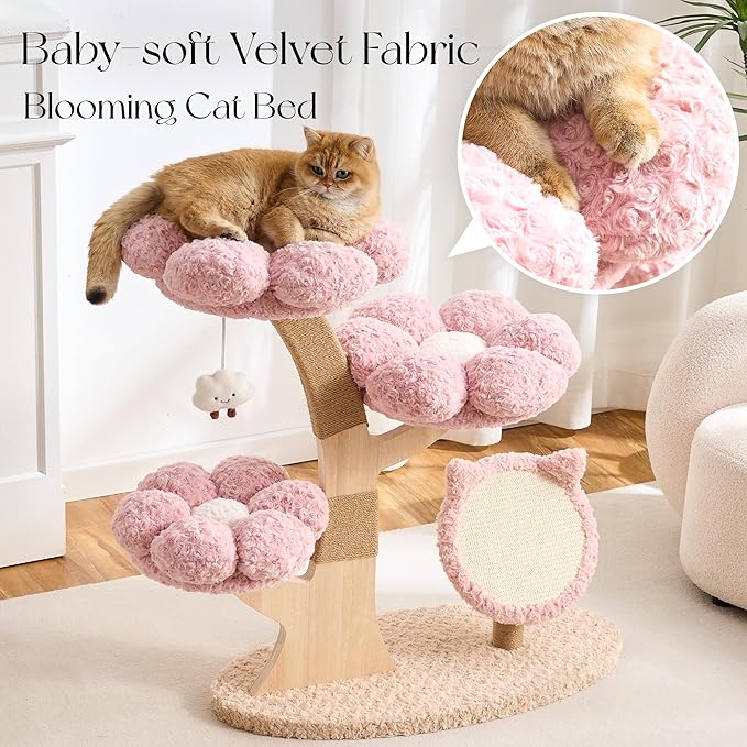 797Audio Flower Cat Tree, 37" Wood Branch Cat Tower, Pink Cloud Cat Tree with Scratching Post for Indoor Adult Cats, Luxury Cat Tree with Cat Scratch Pad & Interactive Squeaky Hanging Toy