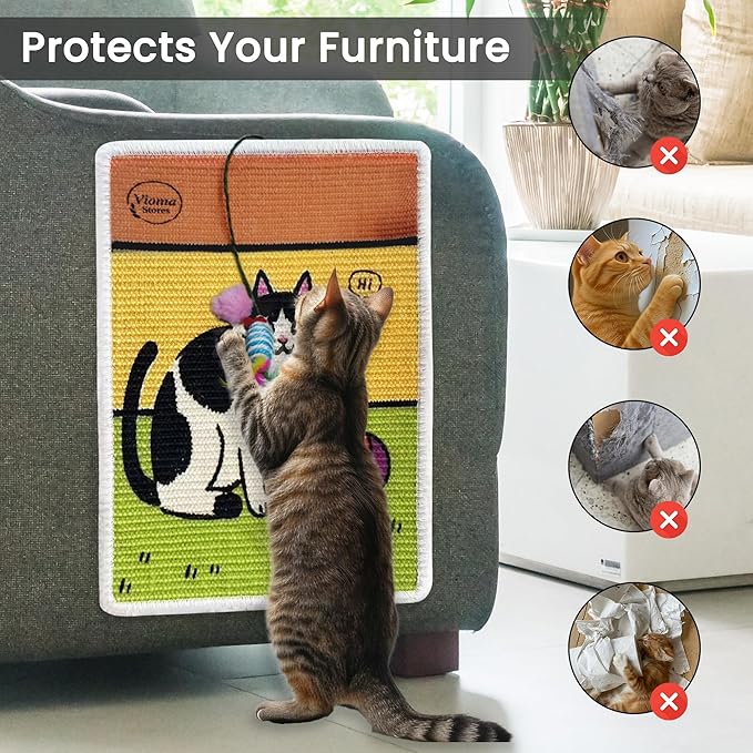 Sisal Cat Scratcher Mat [+ Sisal Mouse Toy] – Wall & Couch Protector, Carpet & Floor Scratching Pad, Durable Non-Toxic & Shedding-Resistant (Playful Paws)