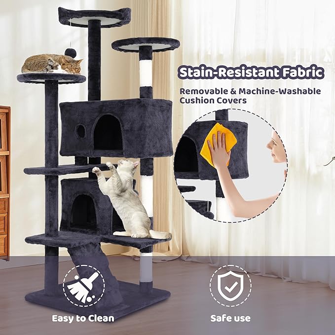 54" Cat Tree, Cat Tower for Indoor Cats, Cat Jumping Platform & Cat Scratching Post, Cat Condo with Spacious Cat Bed Cave & Hidden Space, Dark Gray