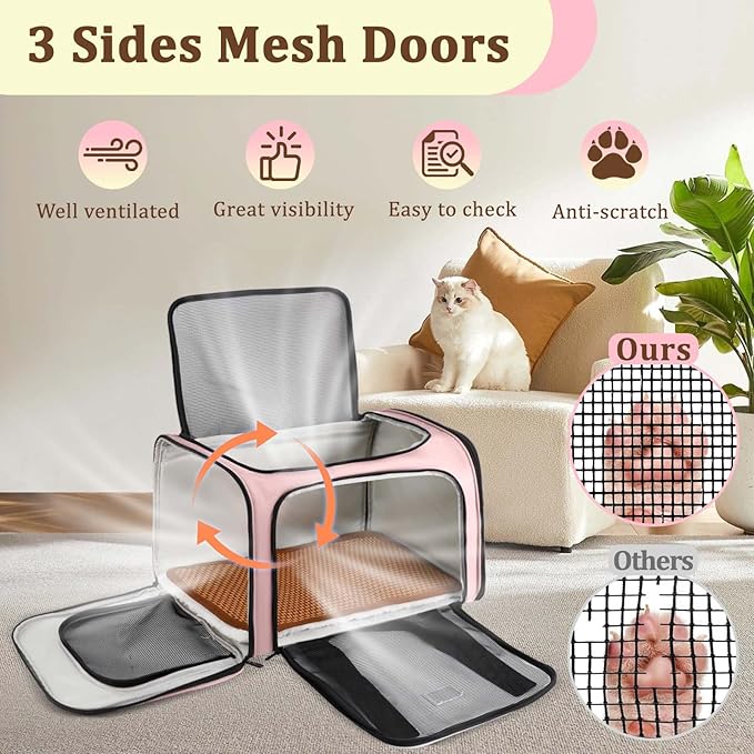 Cat Carrier Dog Carrier - Soft-Sided Cat Carrier with Plush Pad & Cooling Mat, Easy-Load 4-Side Zipper & 3-Side Mesh Ventilation, Pet Carrier Airline Approved for Cats/Dogs Up to 16 lbs, Pink