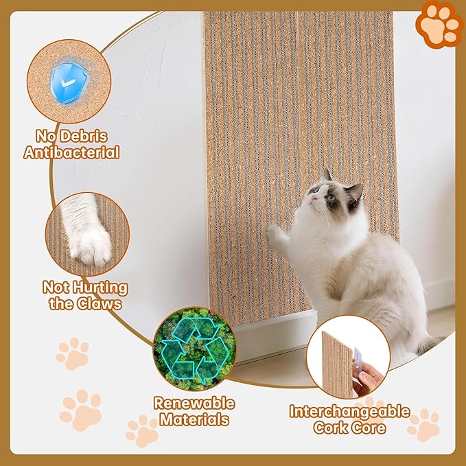 Natural Cork Cat Scratcher Boards for Wall & Floor - Natural Cork & Cardboard Blend, No Mess Splinters, Durable Easy Clean - Adjustable Height for All Cats, Furniture Protector【3-Pack】