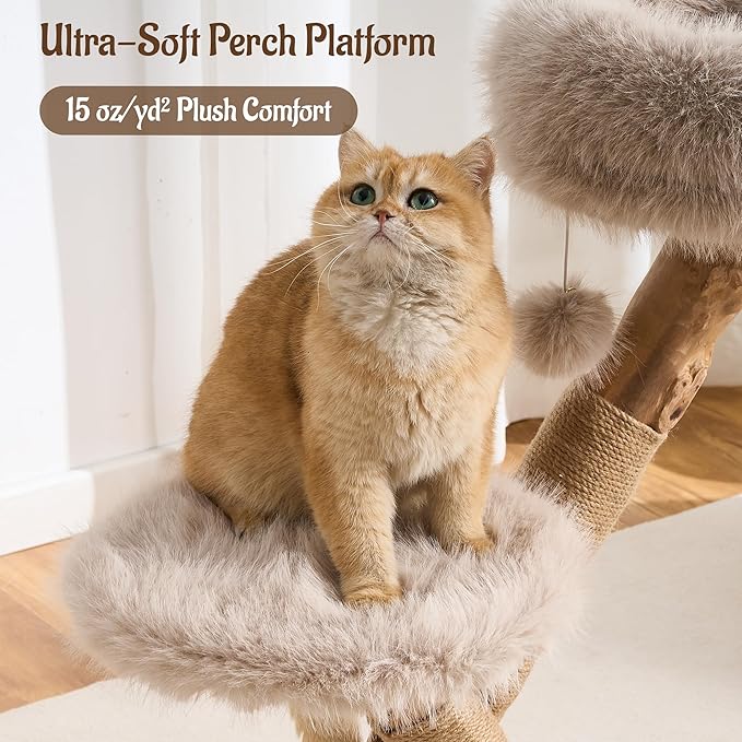 33" Modern Cat Tree for Indoor Cats, Aesthetic Natural Wood Cat Tower with Branch-Style Scratching Posts, Luxury Plush Faux Fur Cat Bed with Natural Loft, Perch & Hanging Ball, Almond Khaki