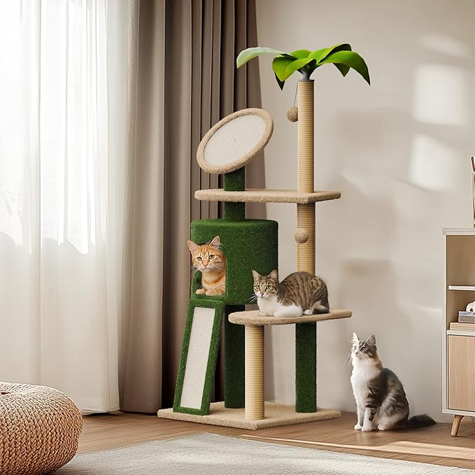 Erinnyees 57" Multi-Level Cat Tower with Hammock, Coconut Cat Tree with Green Leaves, Plush Cat House with Hang Ball Toy and Sisal Scratching Posts Furniture, Green