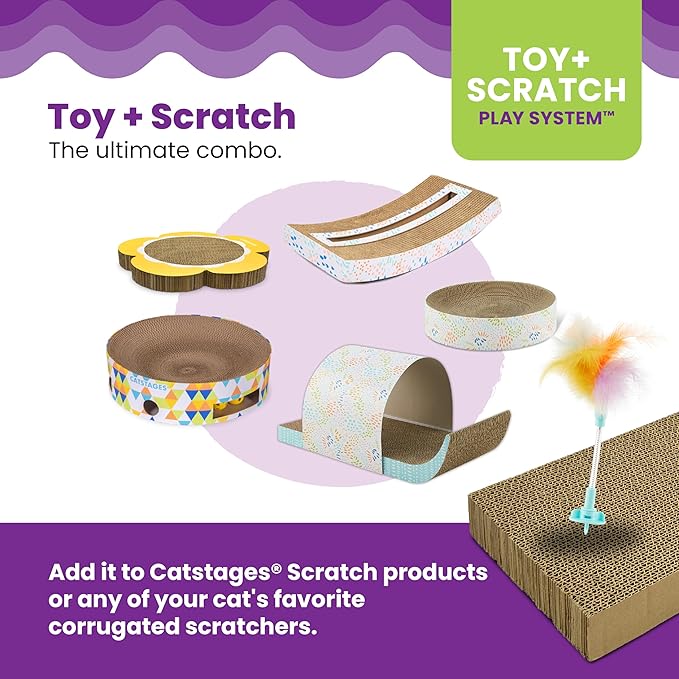 Catstages Scratch N Hunt Spring Toy, Two-in-One Cat Scratcher and Ball Puzzle Game with Feather Spring Toy, Blue