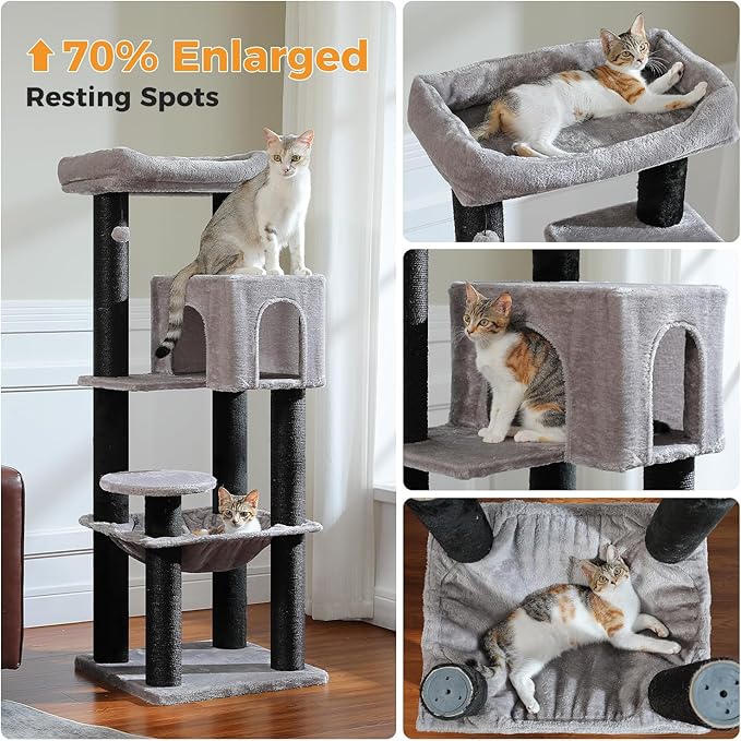 PEQULTI 57.9'' Cat Tree, Multi-Level Tower with Large Top Perch, Thick Scratching Posts and Hammock for Large Indoor Cats up to 20 lbs, Black