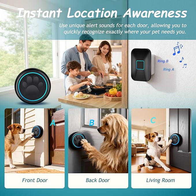 Halo Paw Smart Dog Door Bell – Touch-to-Ring BK Dog Bells to Go Outside, LED Light Wireless Dog Buttons & Dog Clicker for Communication, Waterproof Bell for Dogs to Ring to Go Potty(2 Bells & 1 Chime)